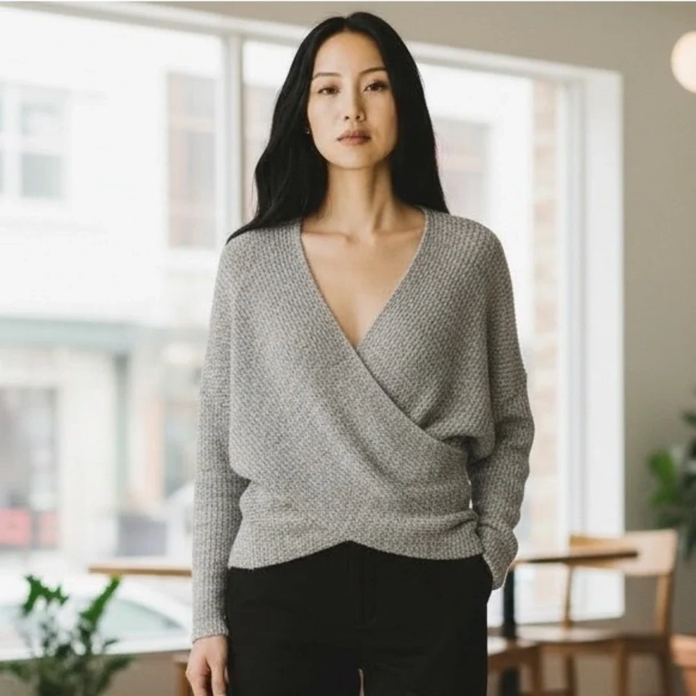 ASTR The Label Grey Knit Wrap Front Long Sleeve Sweater Office Top Women's Small